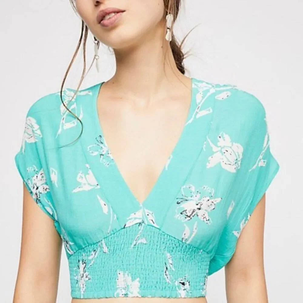 Free People L Teal Floral‎ Crinkle Nile River Smocked Crop Top ASO Taylor Swift
